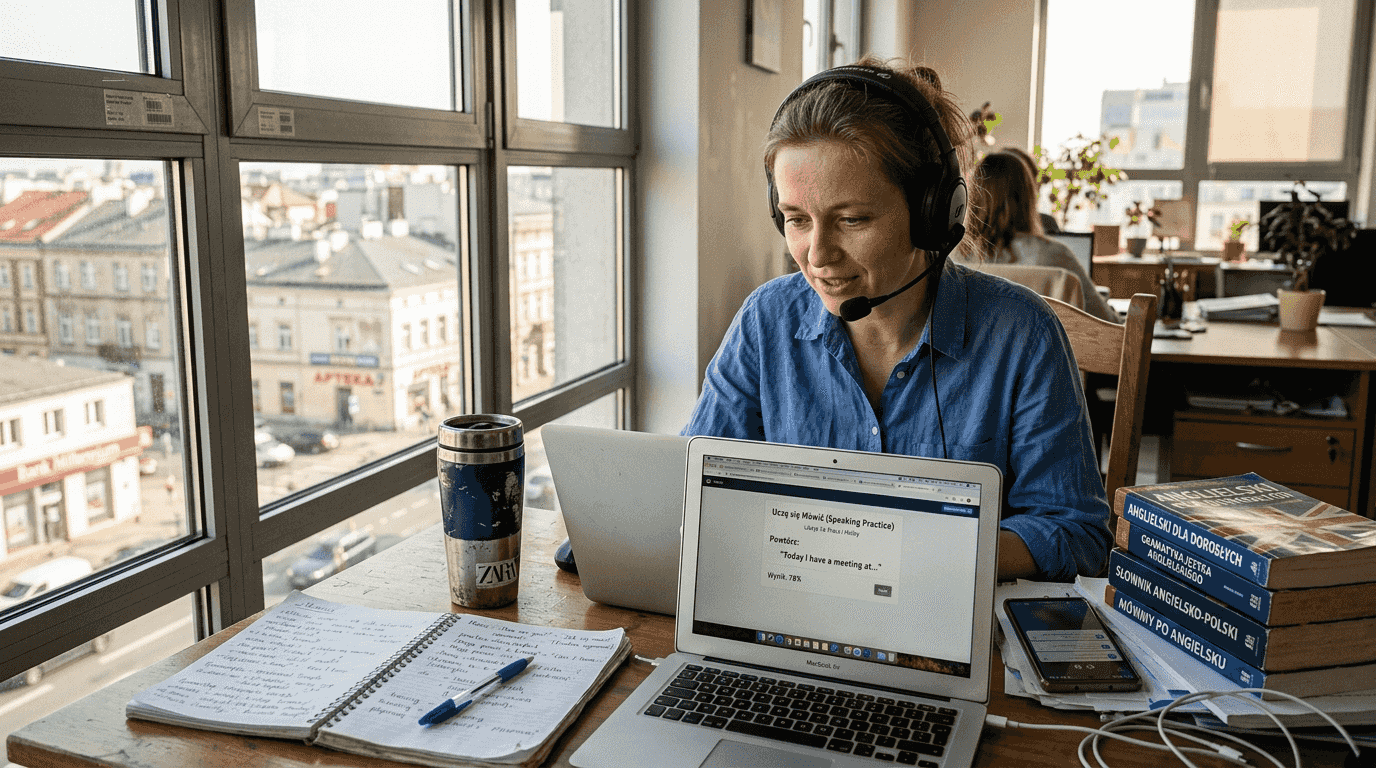 Kobieta uczy się angielskiego, siedząc w zabałaganionym biurze.