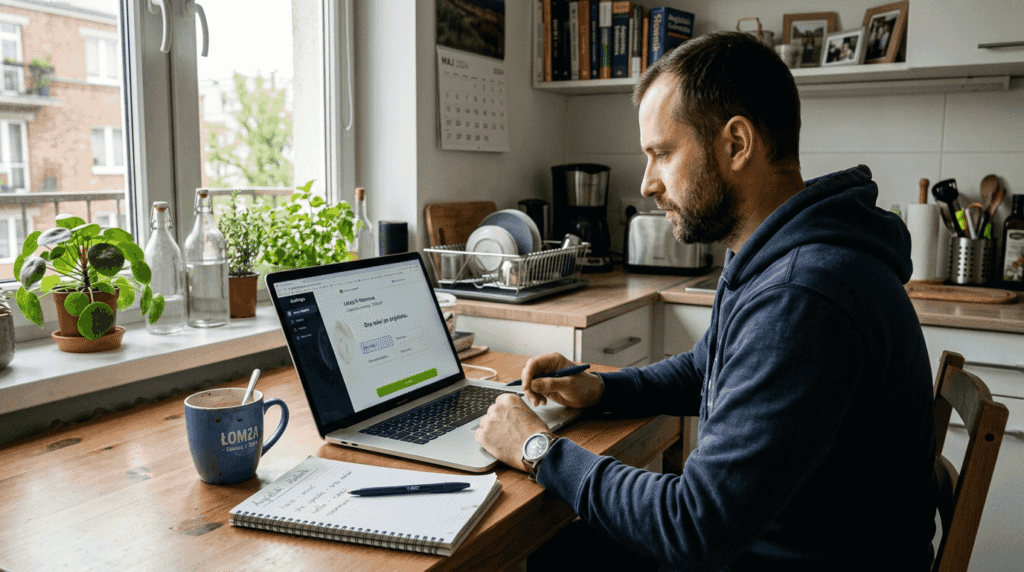 Doświadczony mężczyzna siedzi przy laptopie i przyswaja nowy język.