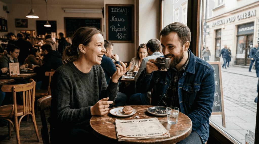 Grupa przyjaciół ćwiczy angielski, rozmawiając przy stoliku w kawiarni na świeżym powietrzu.
