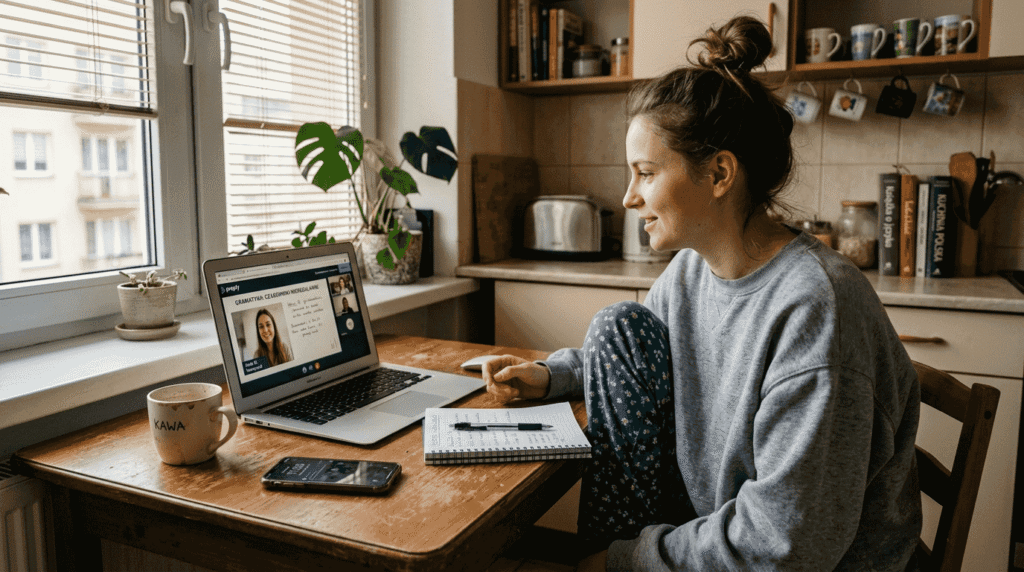 Uczennica bierze udział w lekcji angielskiego online