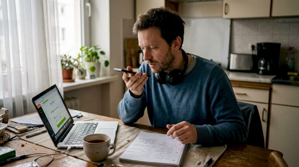 Mężczyzna siedzi przy kuchennym stole i ćwiczy rozmowę po angielsku.