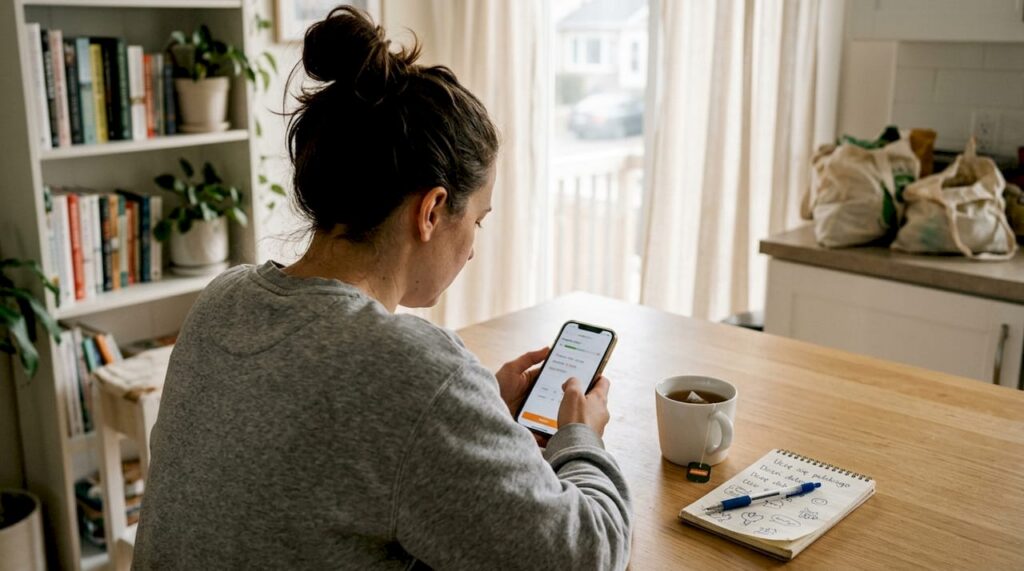 Kobieta uczy się angielskiego przy kuchennym stole, korzystając z telefonu.