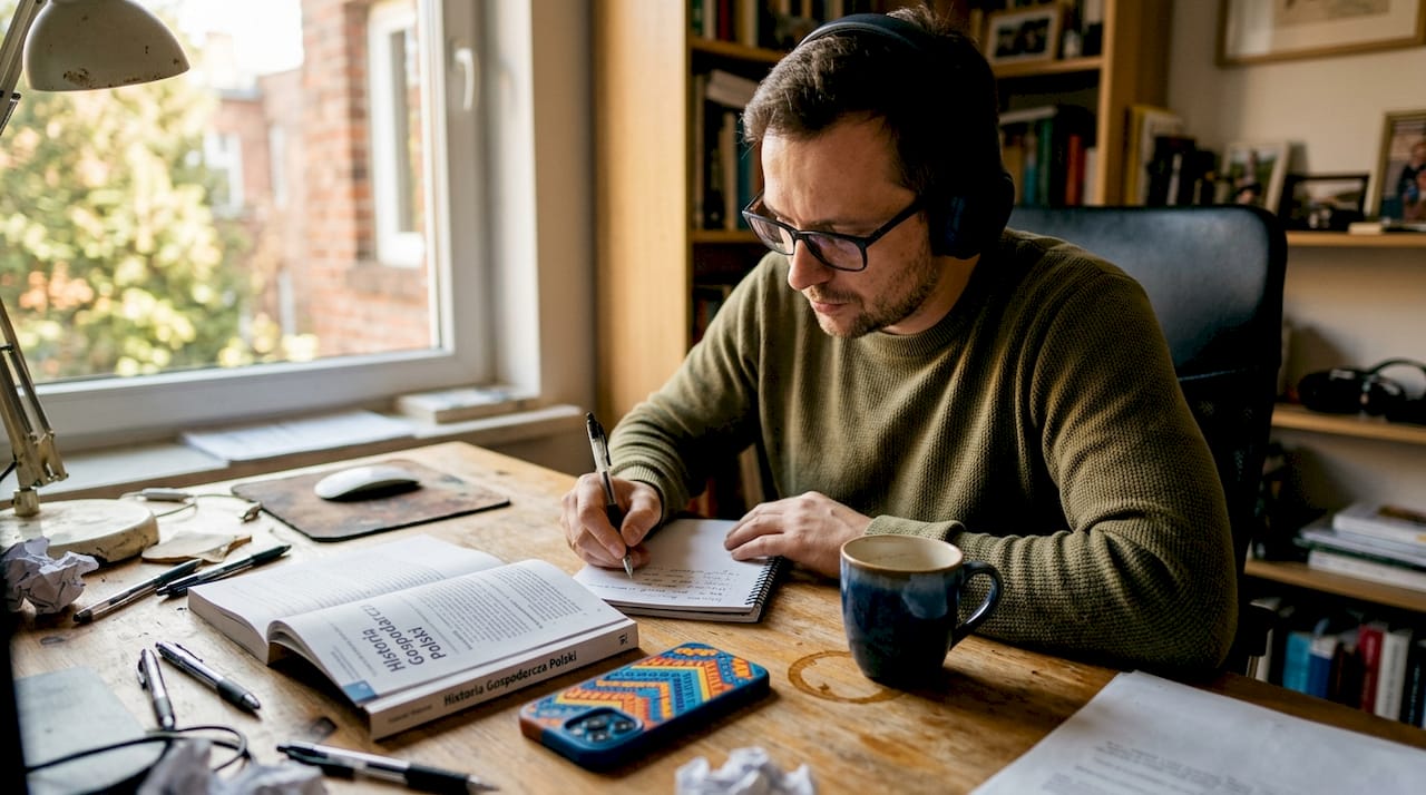 Mężczyzna pogrążony w nauce w swoim domowym gabinecie
