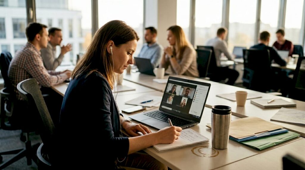 Kobieta doskonali angielski, pracując przy swoim biurku.