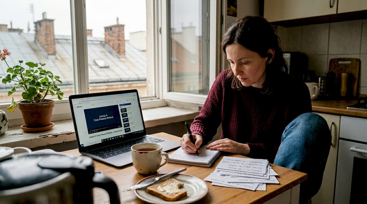 Dorosła kobieta uczy się angielskiego, siedząc przy kuchennym stole.