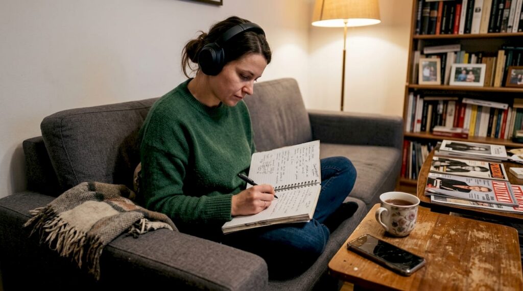 Kobieta uczy się angielskiego, siedząc wygodnie na kanapie w domu.