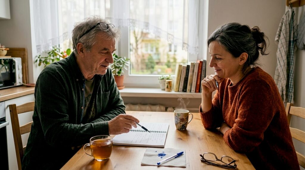 Mentor i dorosły uczeń rozmawiają przy kuchennym stole, dzieląc się doświadczeniami i przemyśleniami.