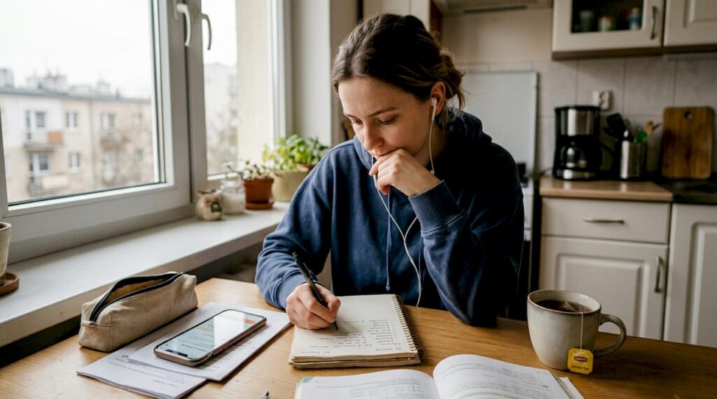Kobieta uczy się języka, siedząc przy kuchennym stole.
