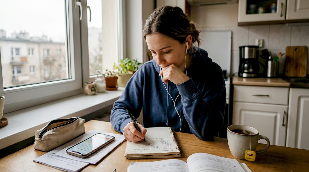 Kobieta uczy się języka, siedząc przy kuchennym stole.
