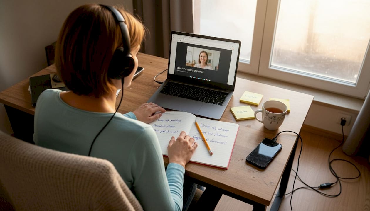 Kobieta uczy się angielskiego przy zagraconym biurku w domowym gabinecie.