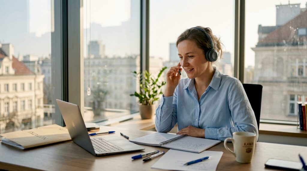 Kobieta rozmawia po angielsku w biurze