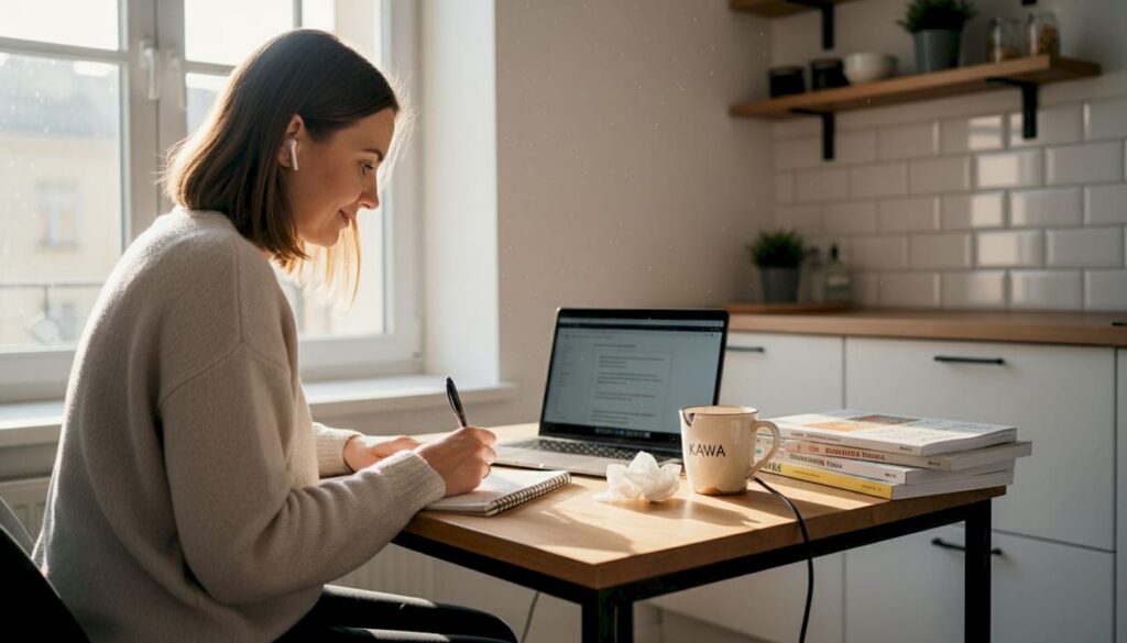Kobieta korzystająca z kursów online, siedząc przy stole w swojej kuchni