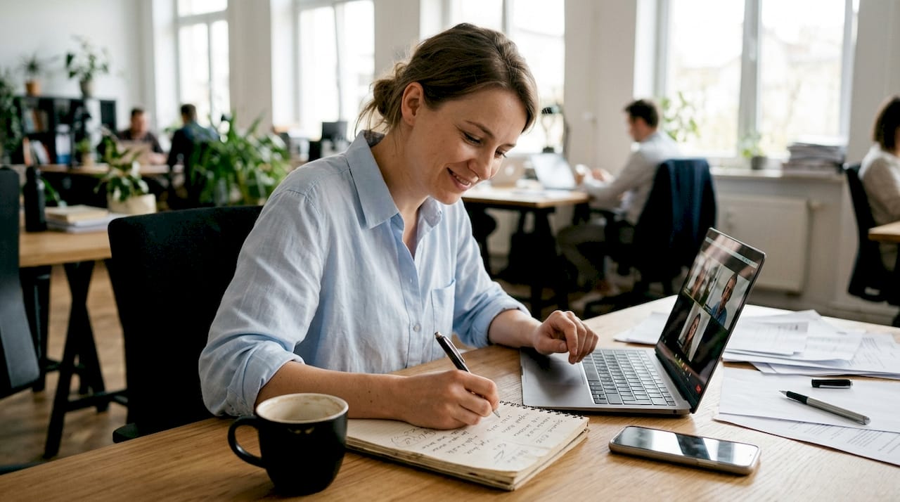 Specjalista swobodnie posługujący się angielskim w nowoczesnym biurze typu open space