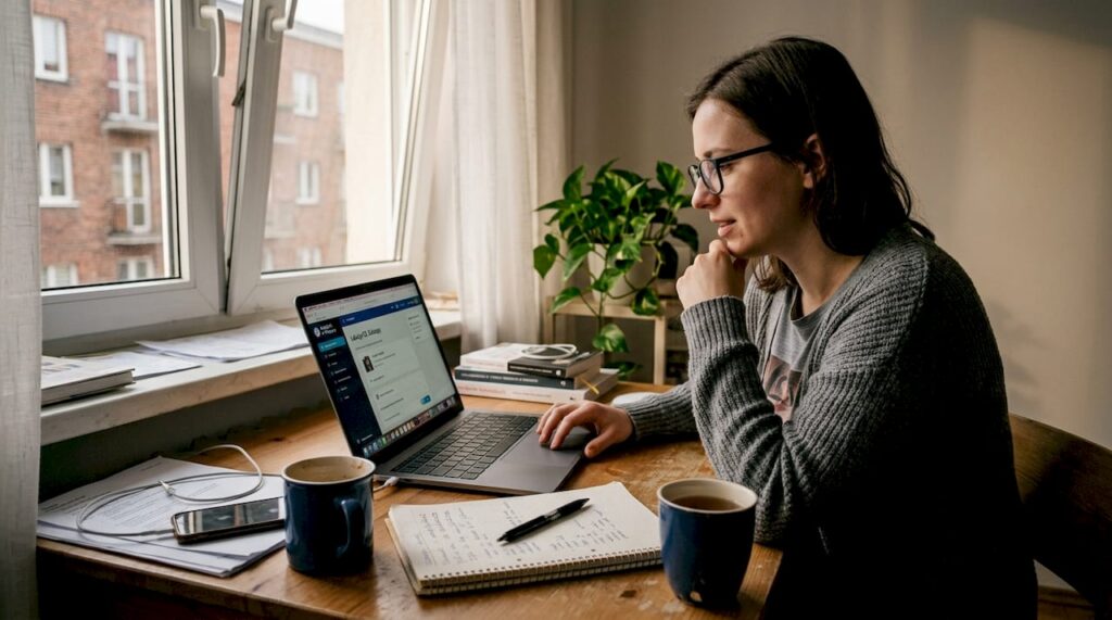 Kobieta uczy się angielskiego przy biurku