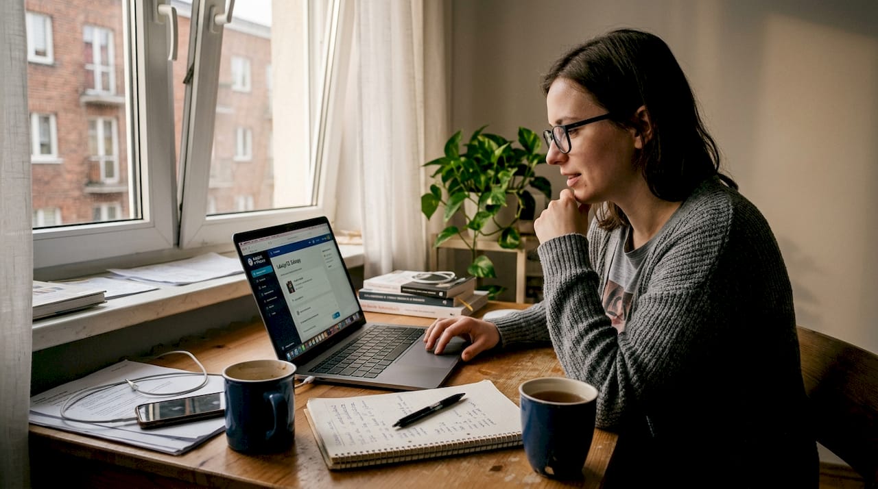 Kobieta uczy się angielskiego przy biurku