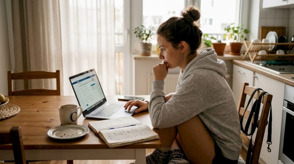 Kobieta przygotowuje się w domu do egzaminu z angielskiego.