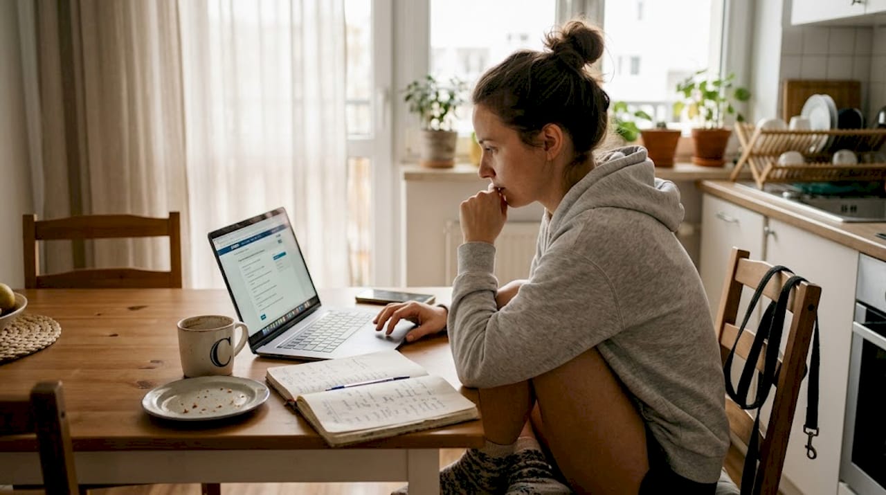 Kobieta przygotowuje się w domu do egzaminu z angielskiego.
