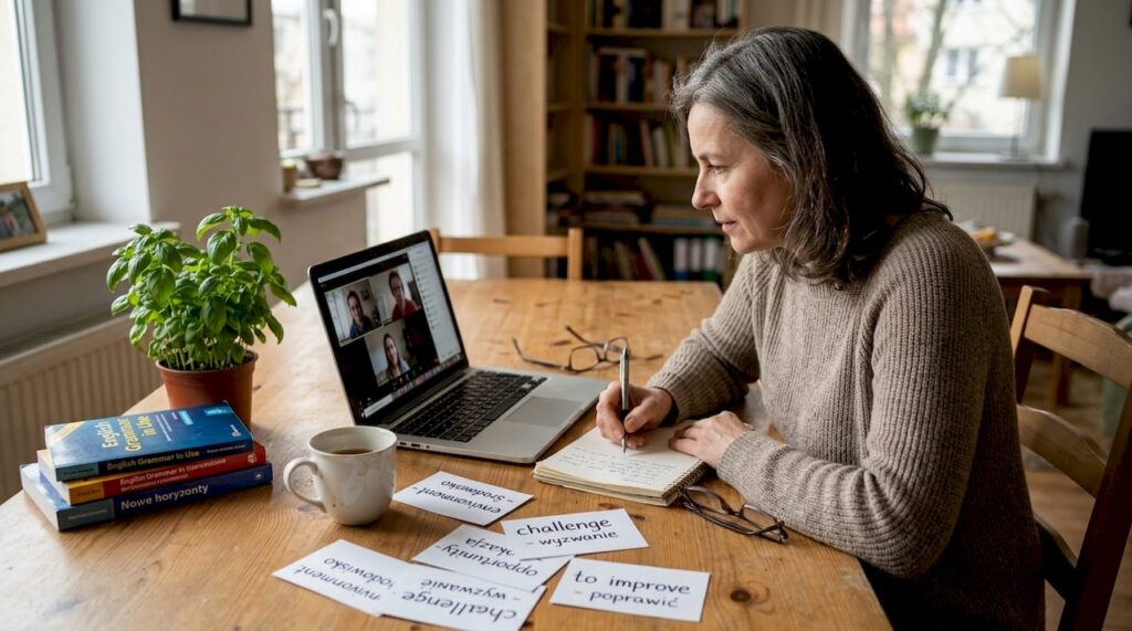 Dorosła kobieta uczy się angielskiego w swoim domowym kąciku do pracy.