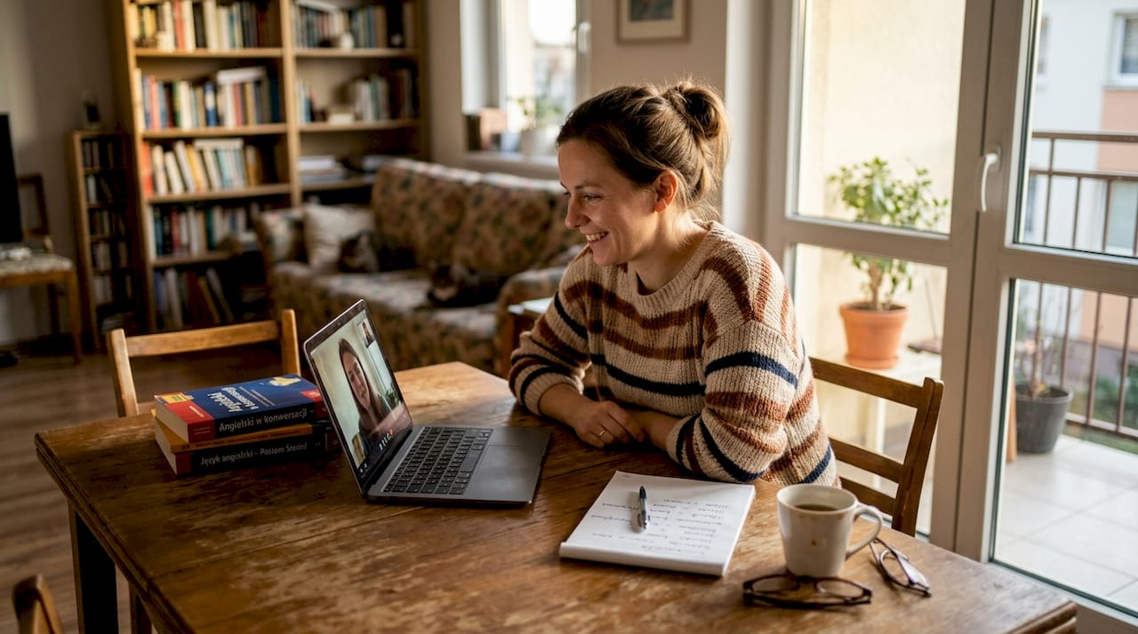 Kobieta uczestniczy w lekcji angielskiego online, ucząc się w zaciszu własnego domu.