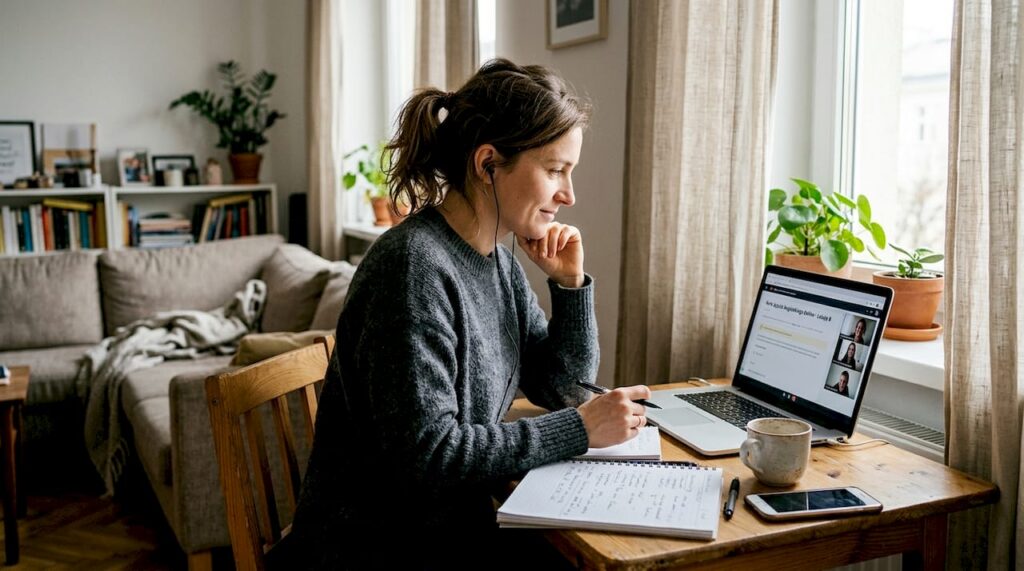 Kobieta uczy się angielskiego przy przytulnym biurku, z kubkiem herbaty i zeszytem pełnym notatek.