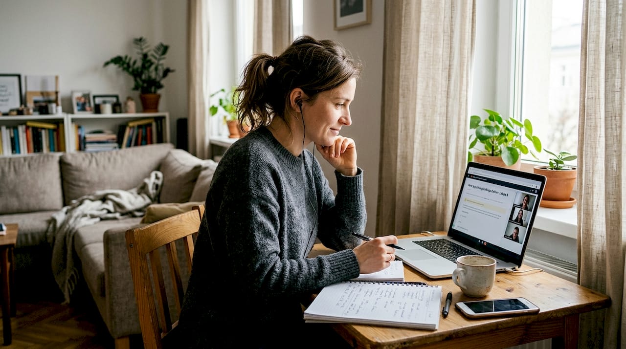 Kobieta uczy się angielskiego przy przytulnym biurku, z kubkiem herbaty i zeszytem pełnym notatek.