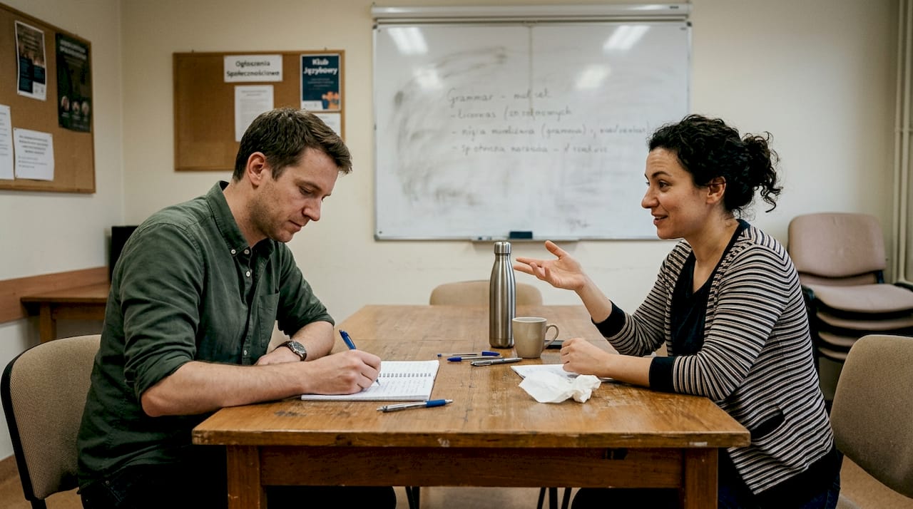 Dorośli uczestnicy kursu językowego wspólnie omawiają zagadnienia gramatyczne.