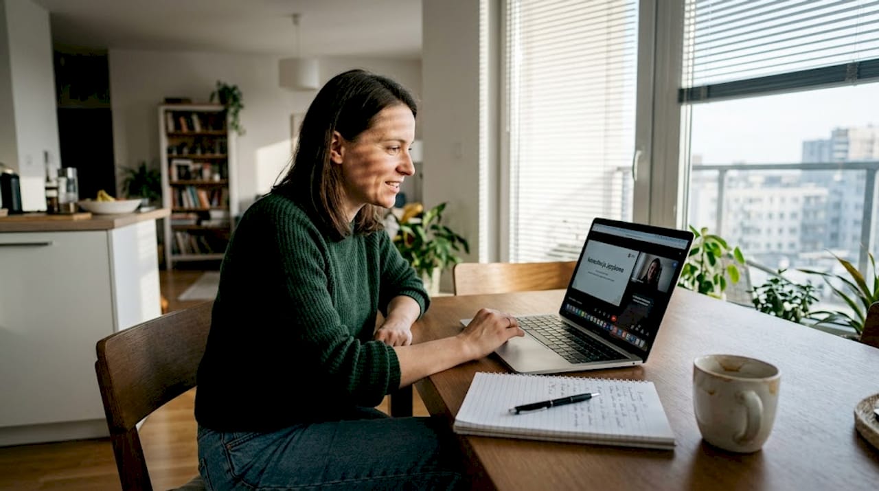 Kobieta podczas internetowej lekcji angielskiego w domowym zaciszu