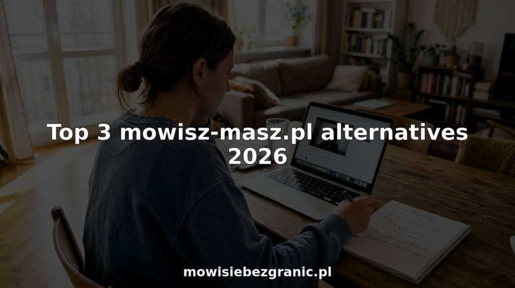 Kobieta uczy się angielskiego podczas lekcji online w swoim salonie.