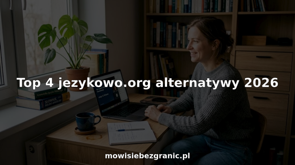 Kobieta uczy się języka obcego przy swoim biurku w domu, korzystając z kursu online.