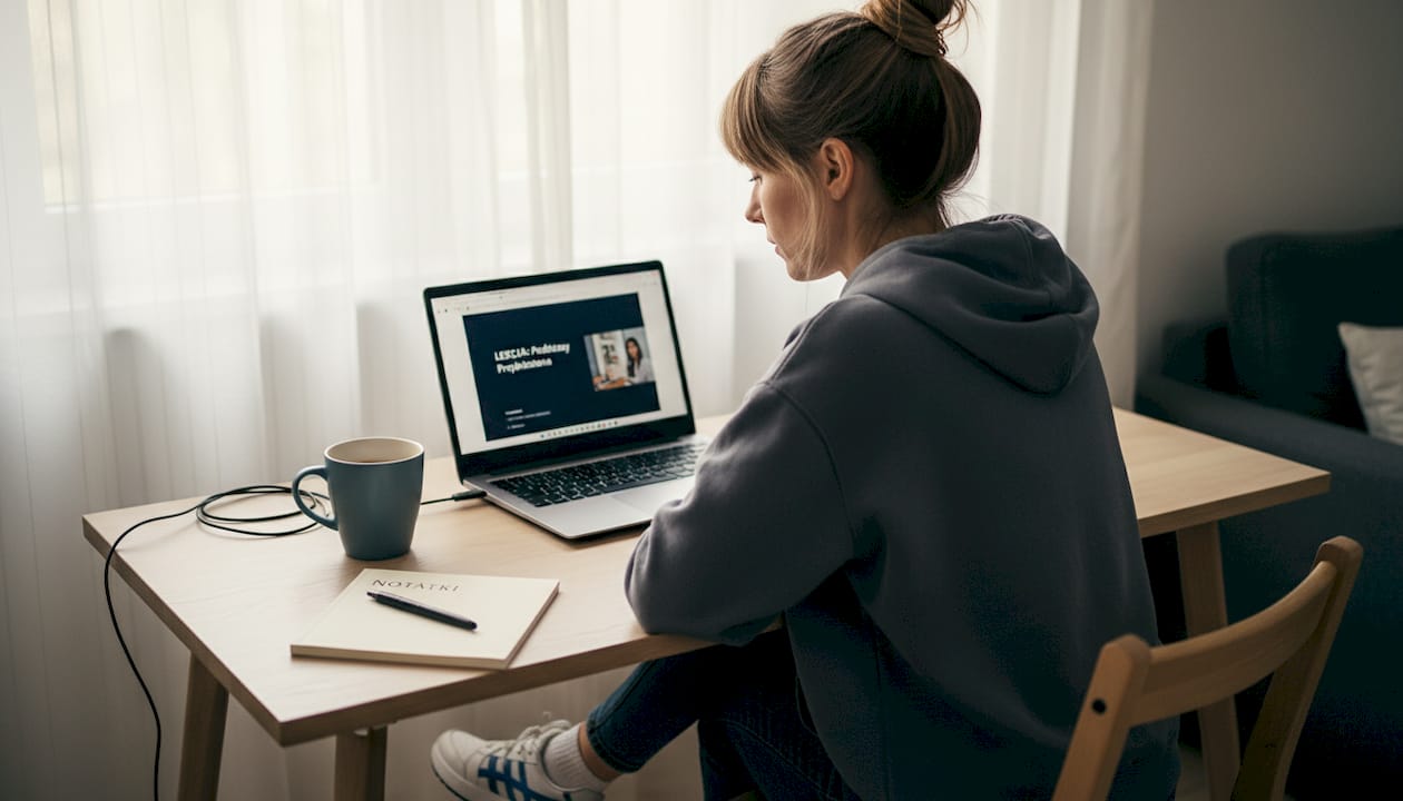 Kobieta uczy się online, siedząc przy biurku w swoim salonie.