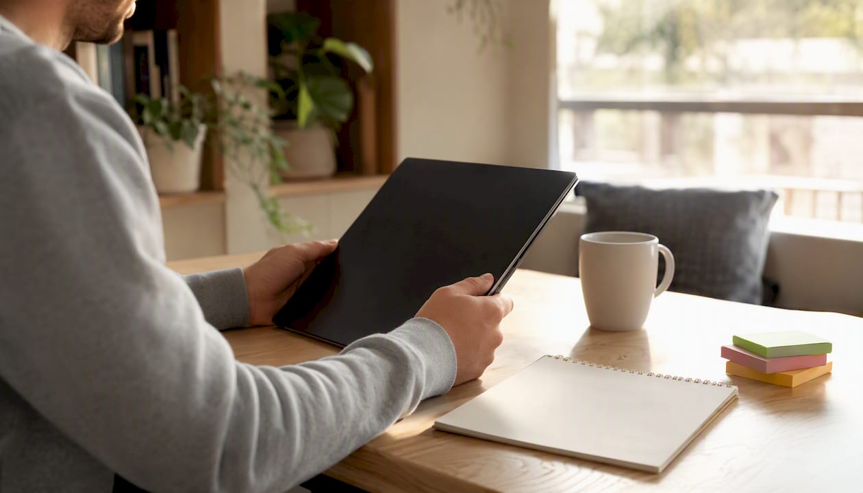 Dłonie trzymające tablet oraz broszurę z opisem poziomów CEFR