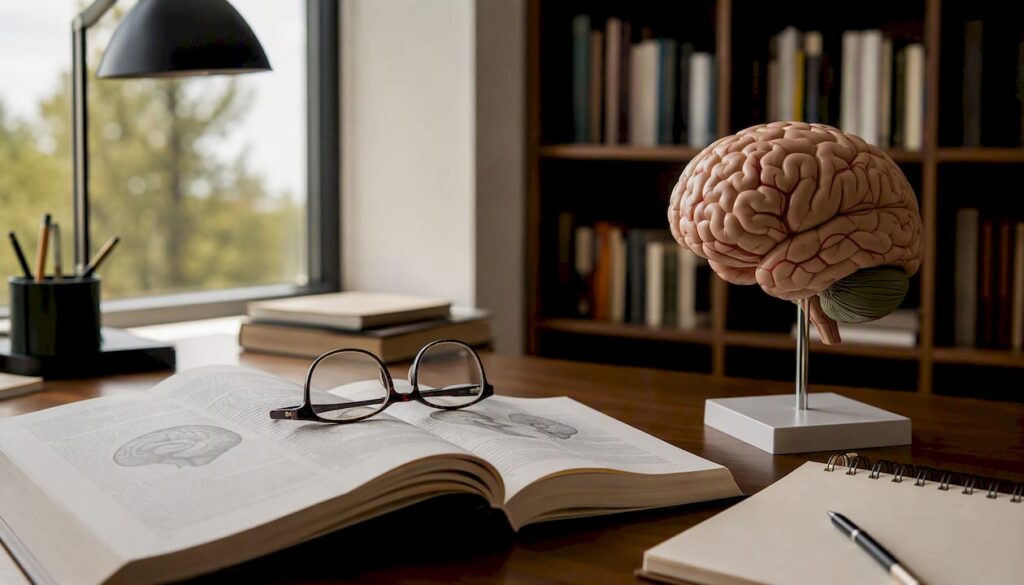 Na biurku leżą książki psychologiczne oraz model ludzkiego mózgu.